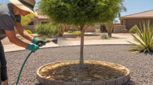 A person watering a desert tree in Queen Creek during summer, with mulch around the base of the tree