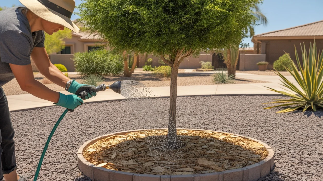 A person watering a desert tree in Queen Creek during summer, with mulch around the base of the tree