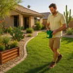 Gilbert homeowner applying summer fertilizer to Bermuda grass