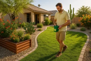 Gilbert homeowner applying summer fertilizer to Bermuda grass