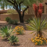 Dry blooming desert plants in a Southeast Valley summer garden