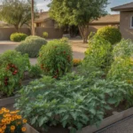 A lush summer vegetable garden in the Southeast Valley with tomatoes, peppers, and squash