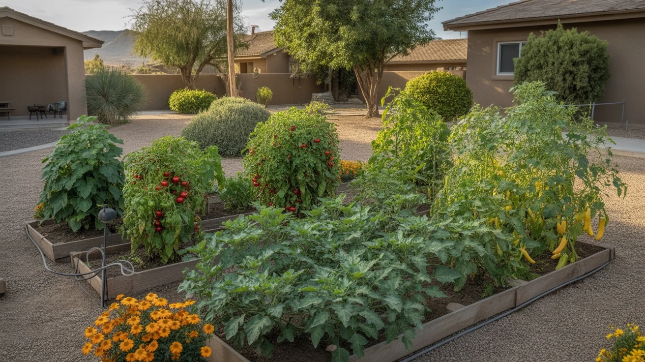 A lush summer vegetable garden in the Southeast Valley with tomatoes, peppers, and squash