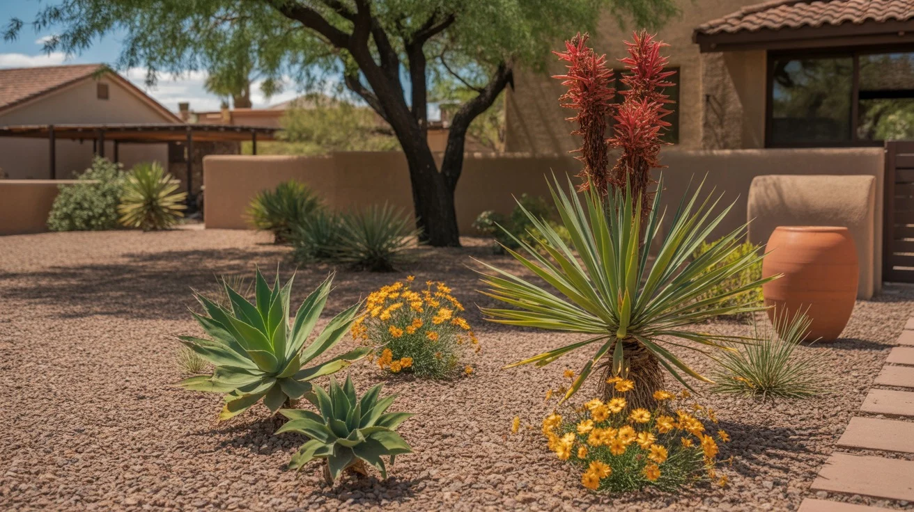 Dry blooming desert plants in a Southeast Valley summer garden