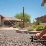 A landscaper inspects an irrigation system in a Mesa yard during summer