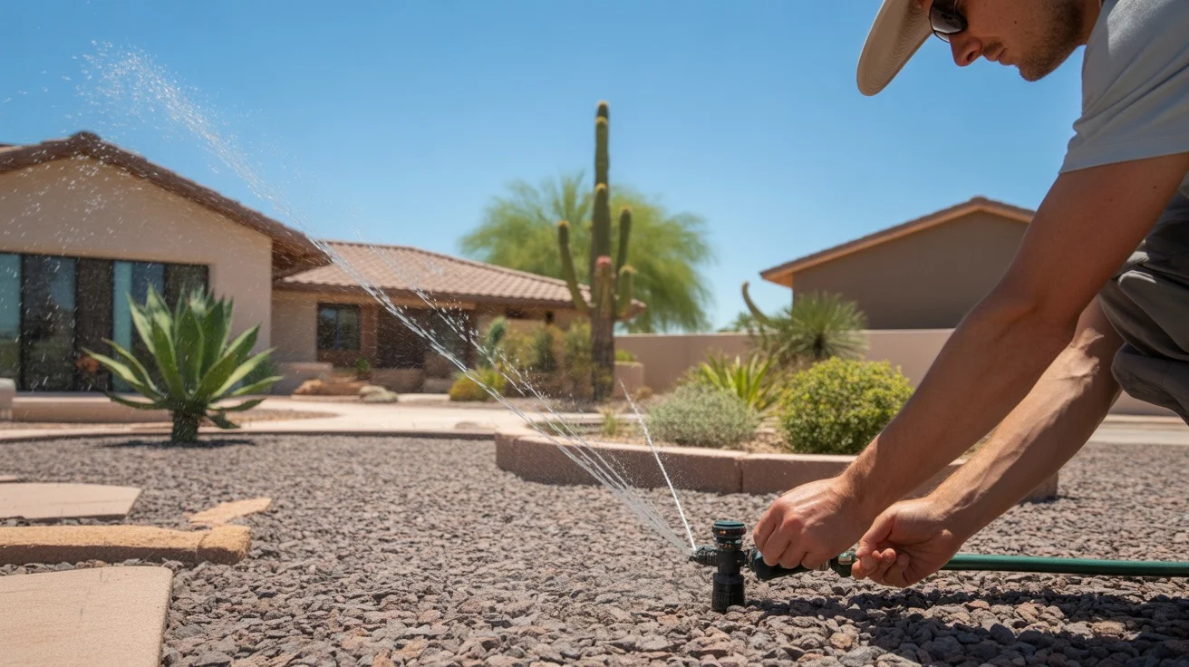 A landscaper inspects an irrigation system in a Mesa yard during summer