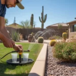 A person conducting an irrigation audit in a Queen Creek yard during summer