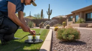 A person conducting an irrigation audit in a Queen Creek yard during summer
