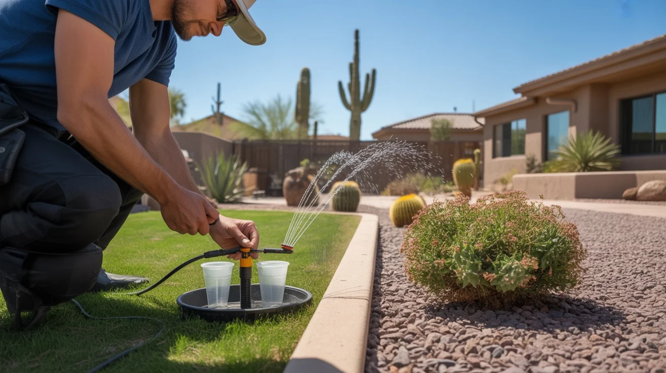 A person conducting an irrigation audit in a Queen Creek yard during summer