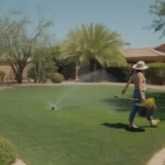A lush green lawn being watered in a Mesa yard during summer