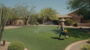 A lush green lawn being watered in a Mesa yard during summer