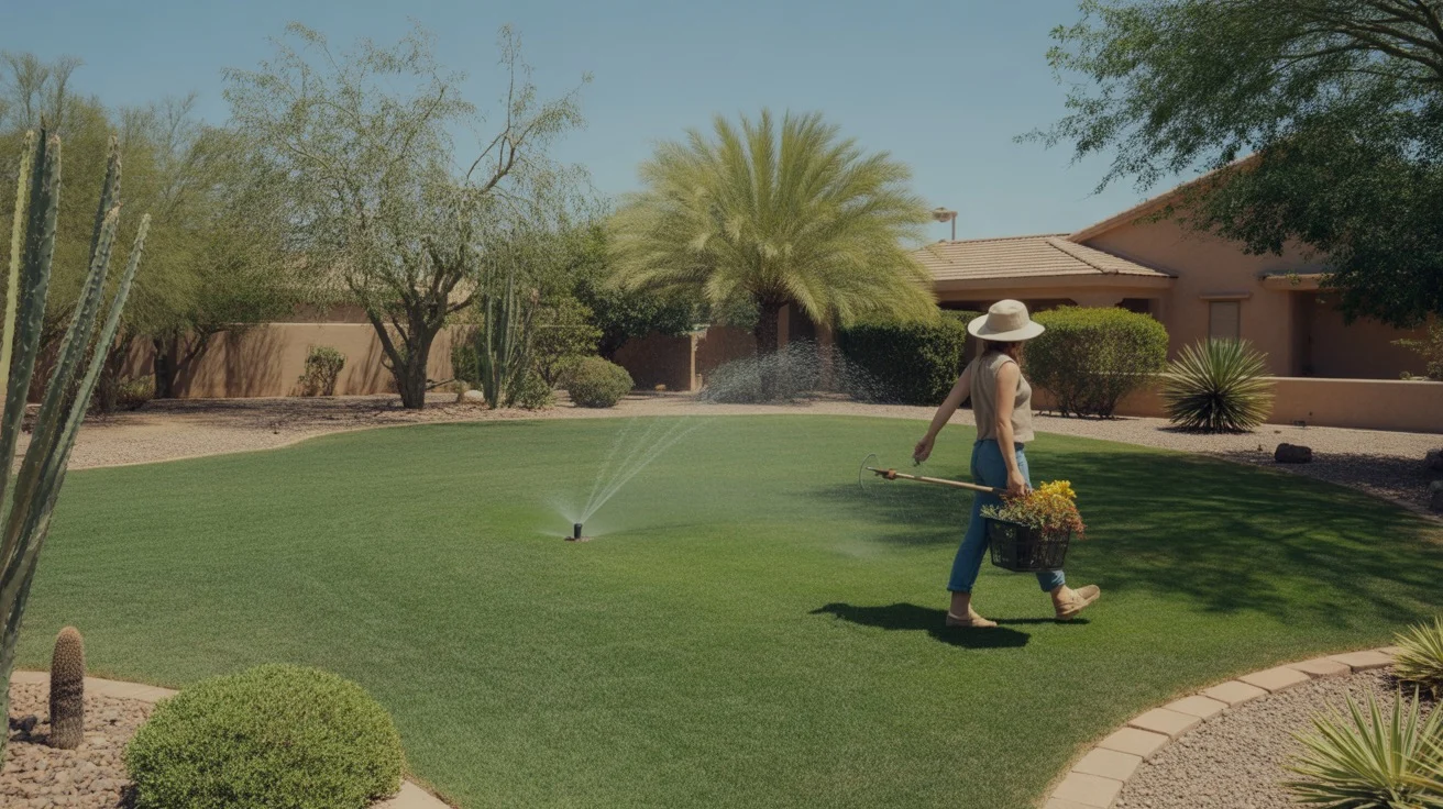 A lush green lawn being watered in a Mesa yard during summer