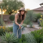 Woman watering plants in a lush Gilbert garden in the early morning light