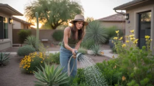Woman watering plants in a lush Gilbert garden in the early morning light