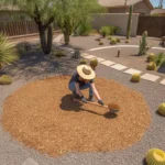 Overhead view of a person spreading mulch evenly around plants in a Southeast Valley yard in summer