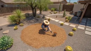 Overhead view of a person spreading mulch evenly around plants in a Southeast Valley yard in summer