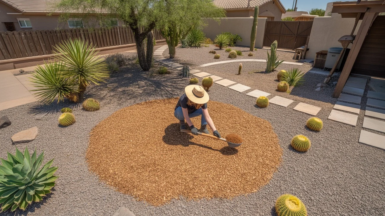 Overhead view of a person spreading mulch evenly around plants in a Southeast Valley yard in summer