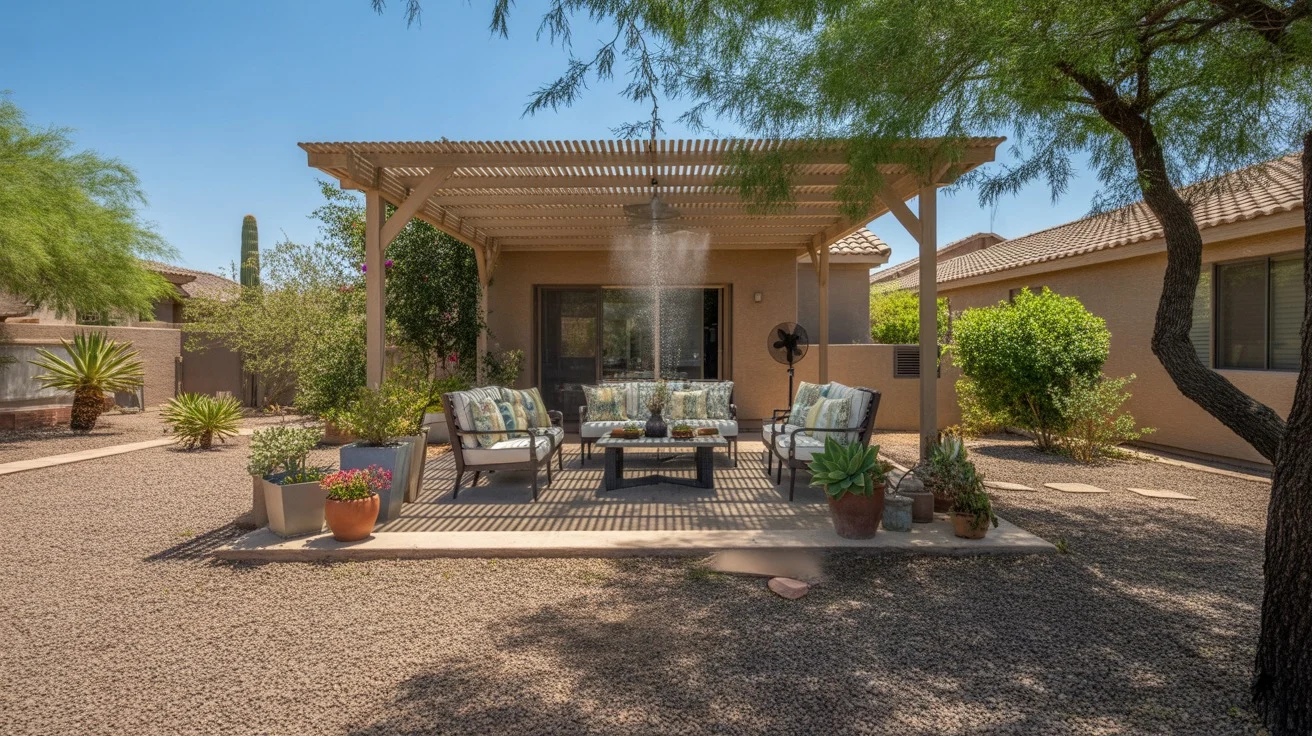 A shaded patio with seating and cooling features for summer outdoor living in Gilbert.