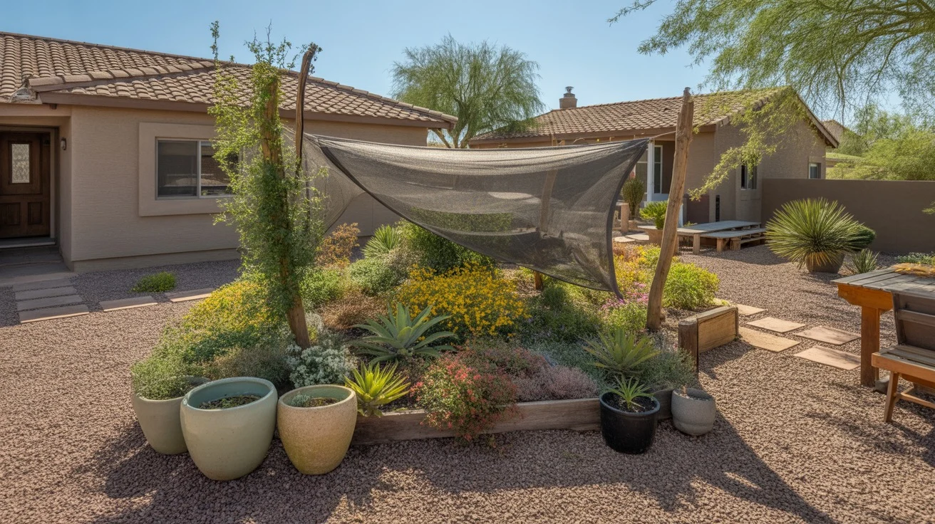 Shade cloth protecting plants from summer sun in a Chandler garden