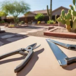 Clean, sharp pruning shears and a hand saw on a sunlit Gilbert patio