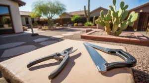 Clean, sharp pruning shears and a hand saw on a sunlit Gilbert patio
