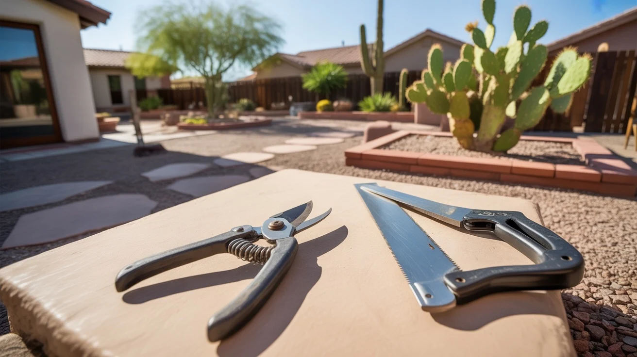 Clean, sharp pruning shears and a hand saw on a sunlit Gilbert patio