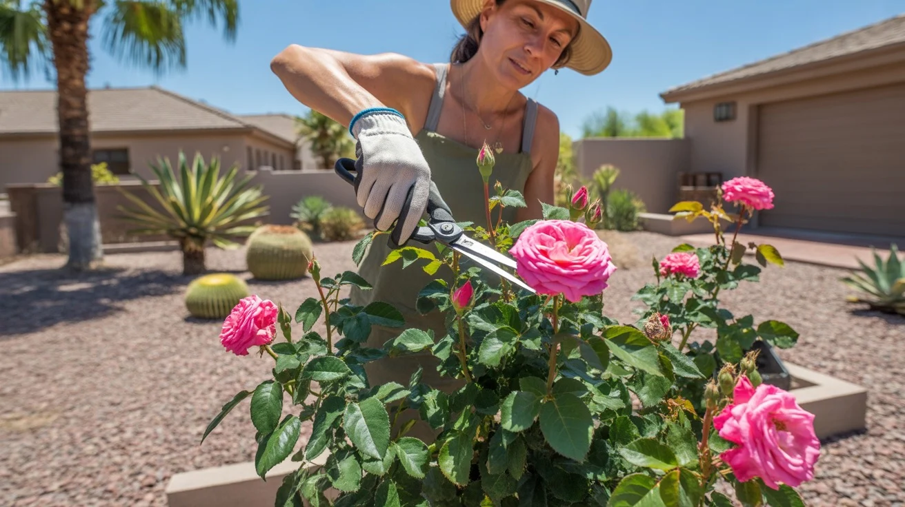 A person tending to pink roses in a sunny Gilbert garden, pruning with gloved hands