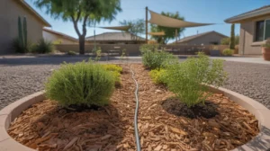 Mulched garden bed with drip irrigation in the Southeast Valley summer
