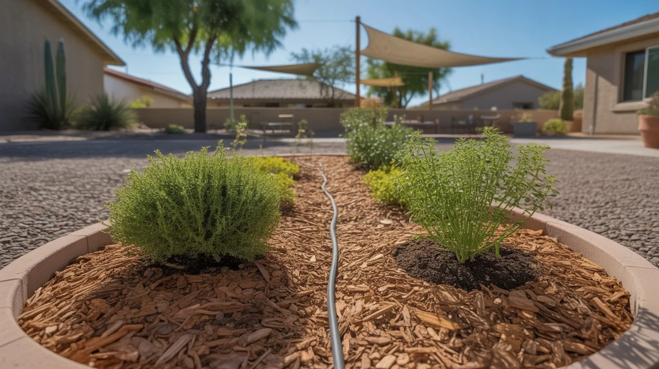 Mulched garden bed with drip irrigation in the Southeast Valley summer