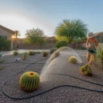 Chandler backyard being watered at sunset during a heat wave, with drip irrigation lines running through mulched beds