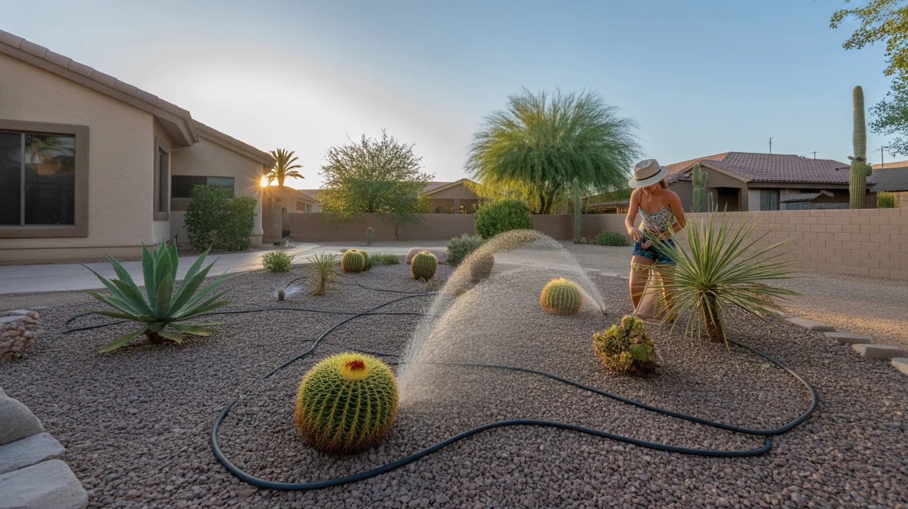 Chandler backyard being watered at sunset during a heat wave, with drip irrigation lines running through mulched beds
