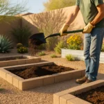 A person spreading compost over garden beds to warm the soil