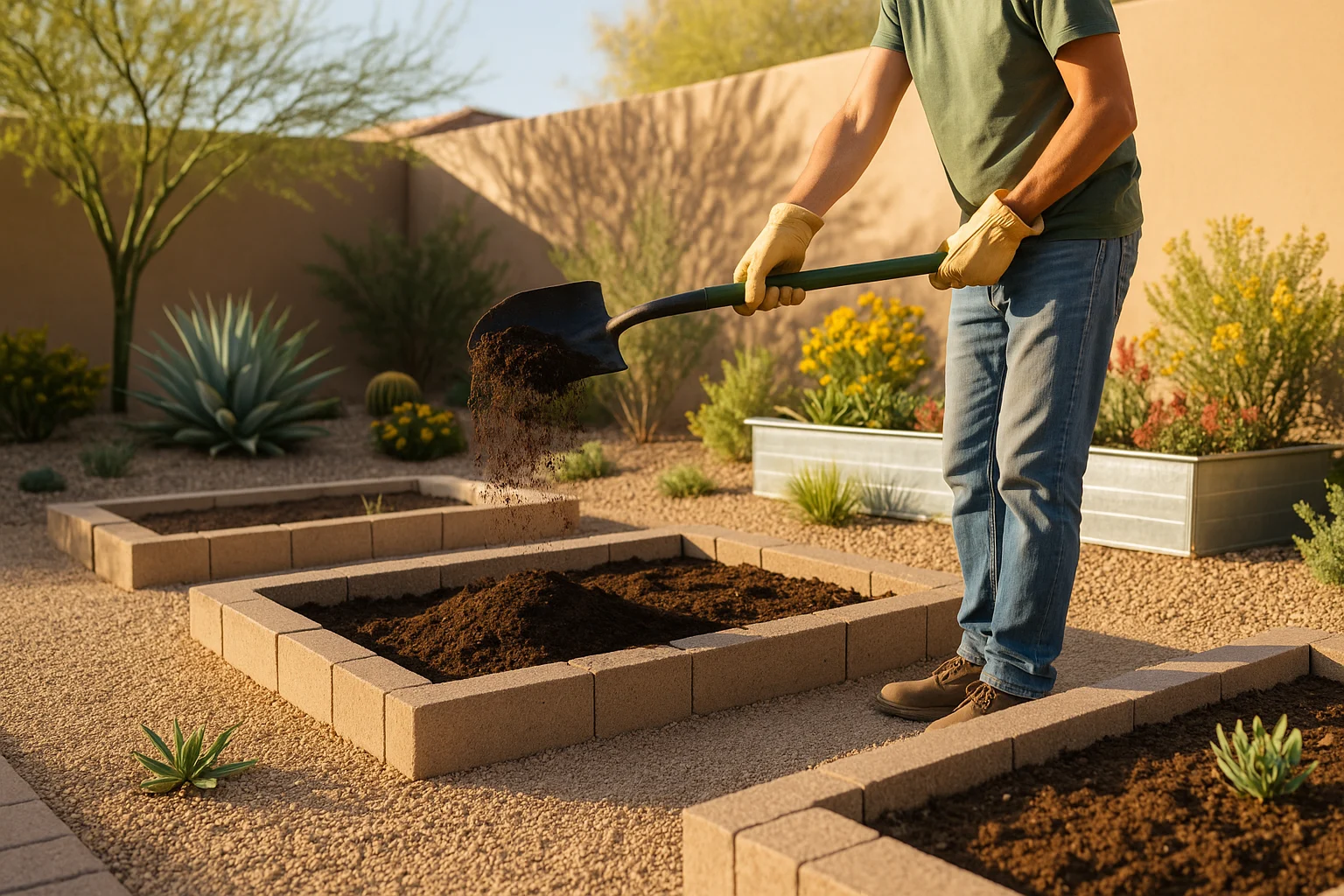 A person spreading compost over garden beds to warm the soil
