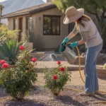 A person watering red roses in a Mesa garden in the early morning light