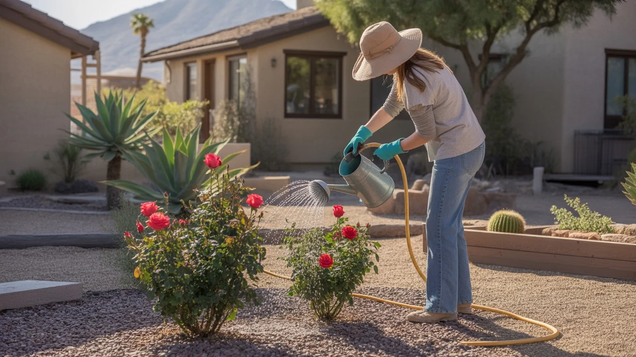 A person watering red roses in a Mesa garden in the early morning light