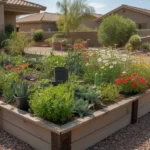 A lush, colorful Arizona garden growing in a wicking bed filled with blooming flowers and healthy green foliage