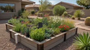 A lush, colorful Arizona garden growing in a wicking bed filled with blooming flowers and healthy green foliage
