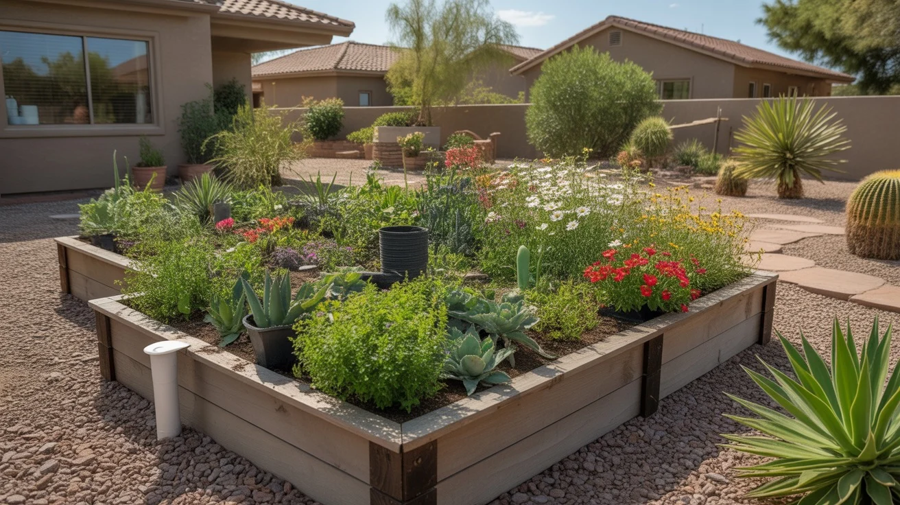 A lush, colorful Arizona garden growing in a wicking bed filled with blooming flowers and healthy green foliage