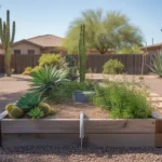 A lush wicking bed garden in a Chandler backyard, filled with thriving plants and a water reservoir system.