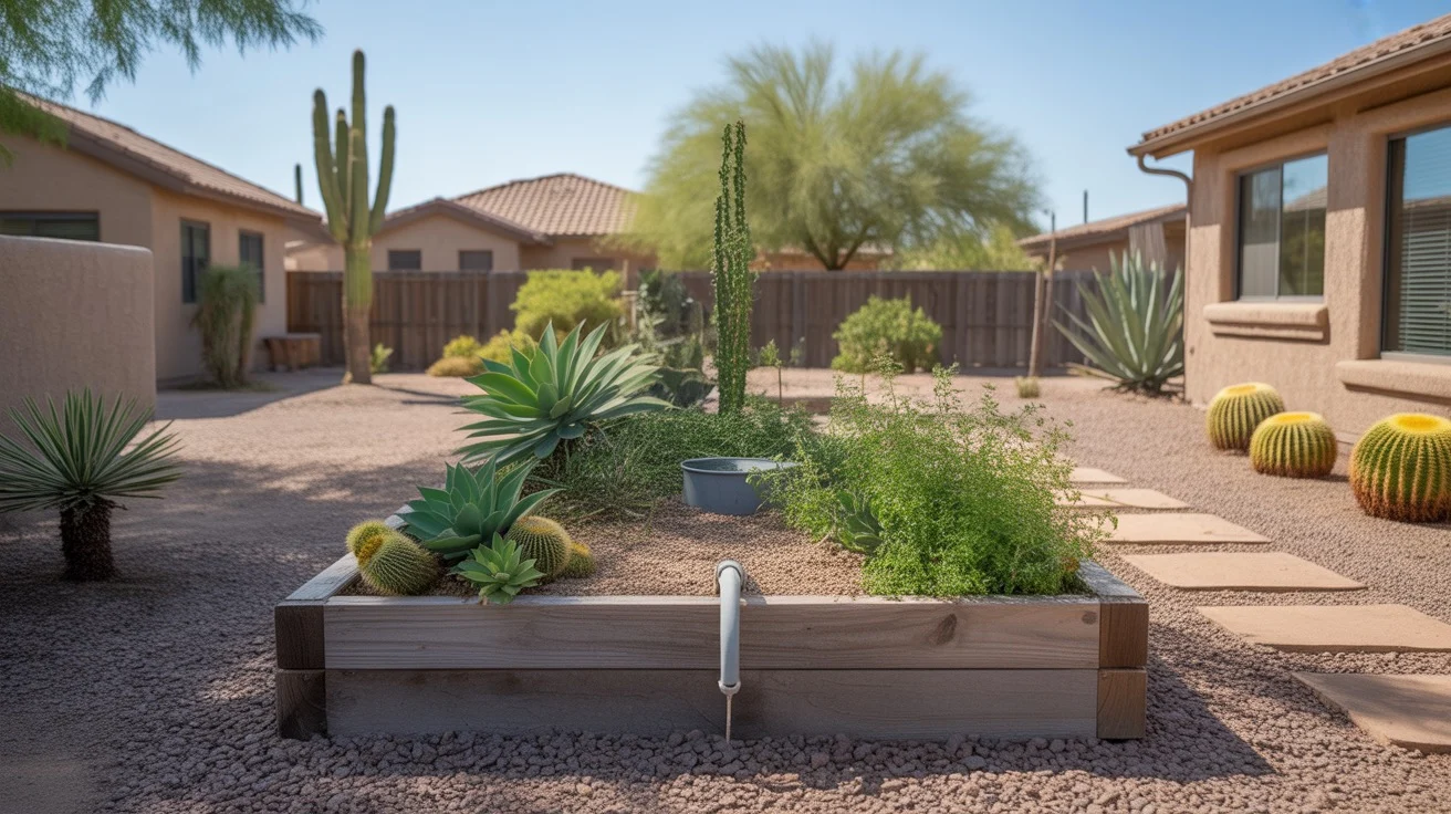 A lush wicking bed garden in a Chandler backyard, filled with thriving plants and a water reservoir system.