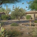 A colorful, wildlife-friendly backyard with native plants, a fountain, and bird feeders in Gilbert, Arizona