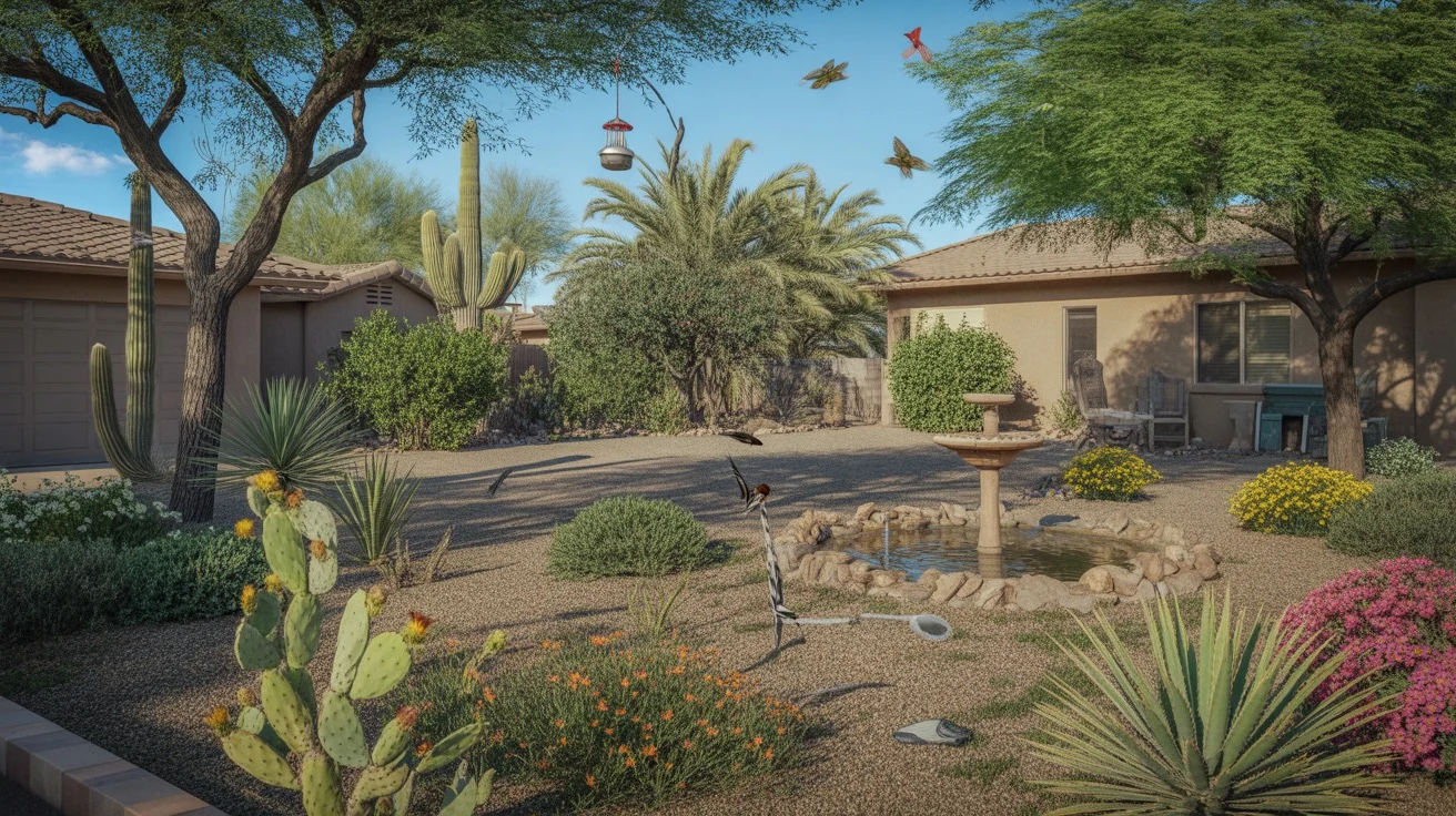 A colorful, wildlife-friendly backyard with native plants, a fountain, and bird feeders in Gilbert, Arizona