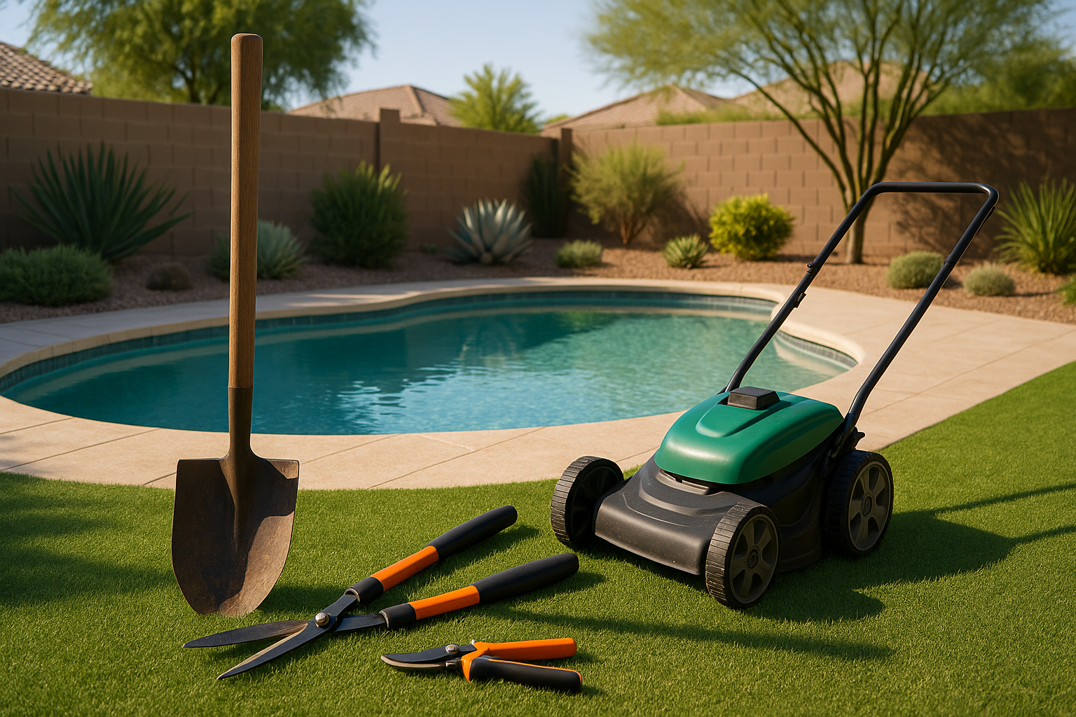 A collection of yard tools including pruning shears, a lawn mower, and a shovel